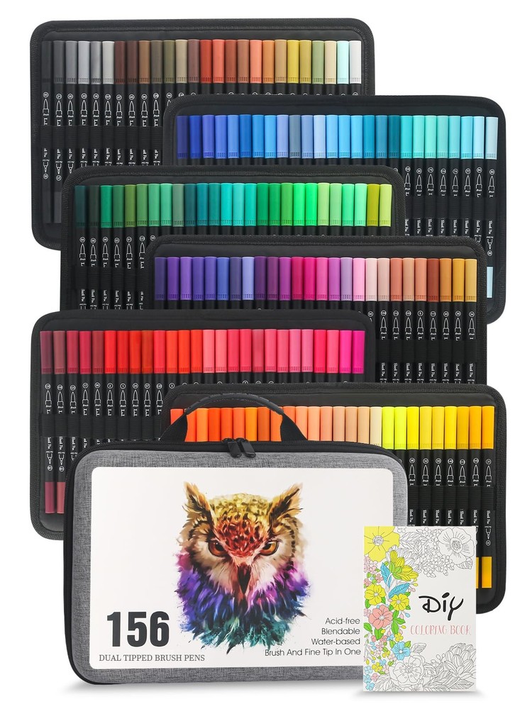 156-Color Dual Tip Brush Art Markers Set with Fine and Brush Tips for Coloring and Drawing