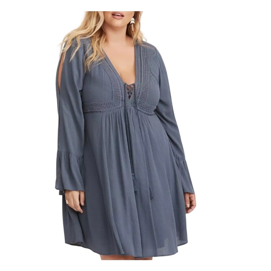 Torrid Crochet Above The Knee Boho Bearing Sea Gauze Lace Up Skater Dress 0X