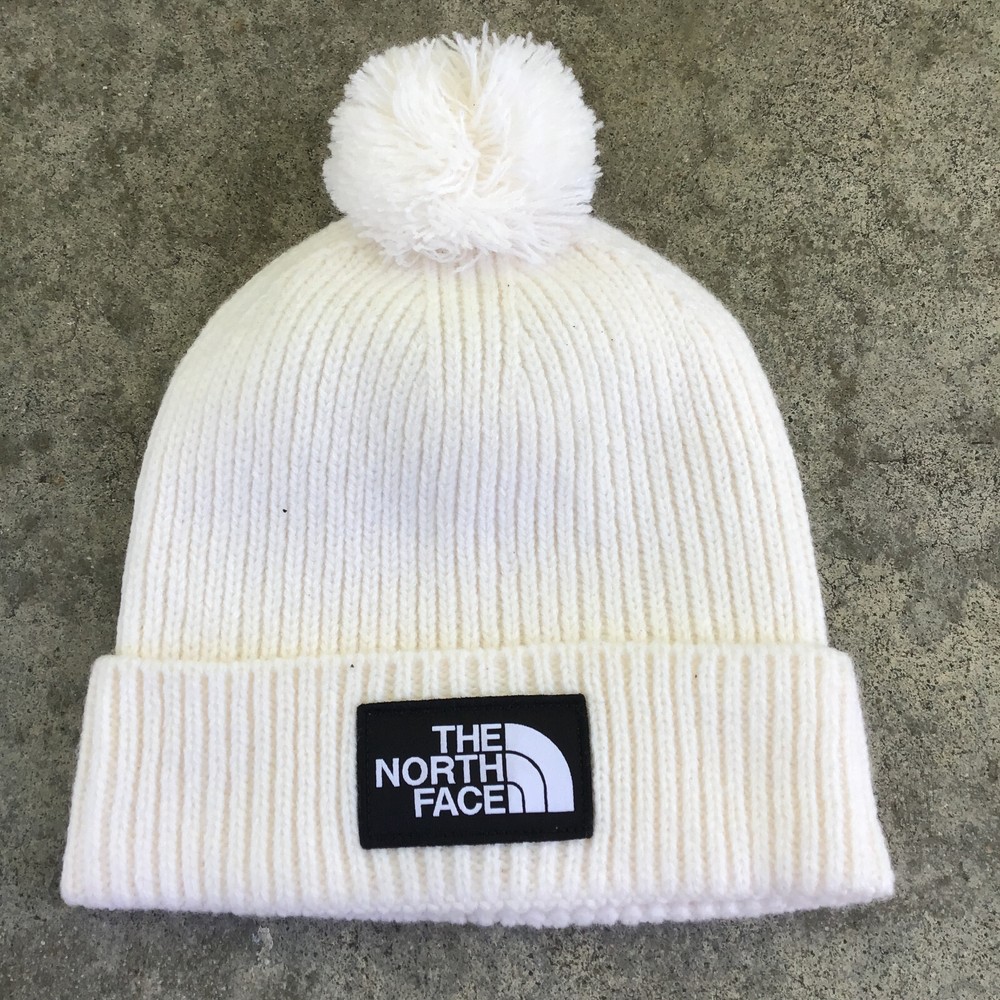 The North Face Logo Box Pom Beanie Knit Hat in Beige