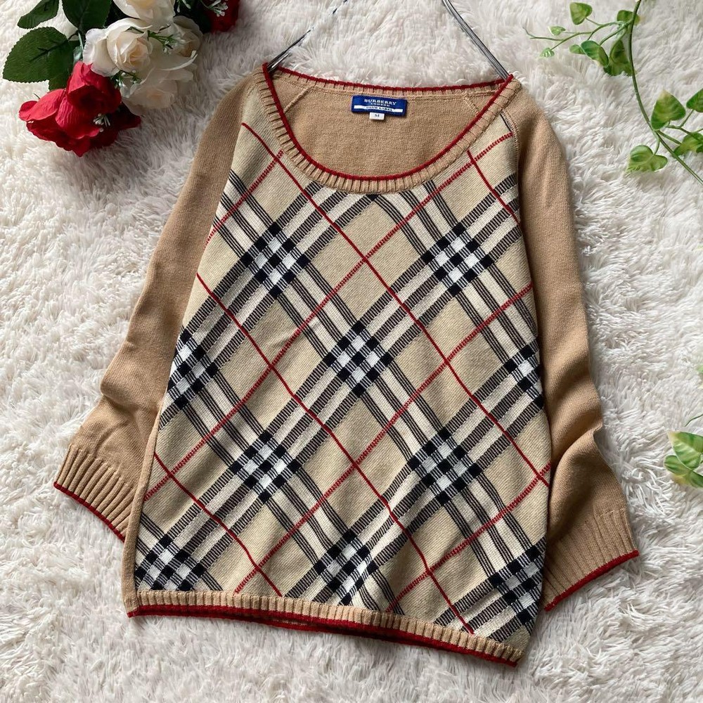 Burberry Blue Label Nova Check Cotton Knit Sweater Crew Neck Size 38