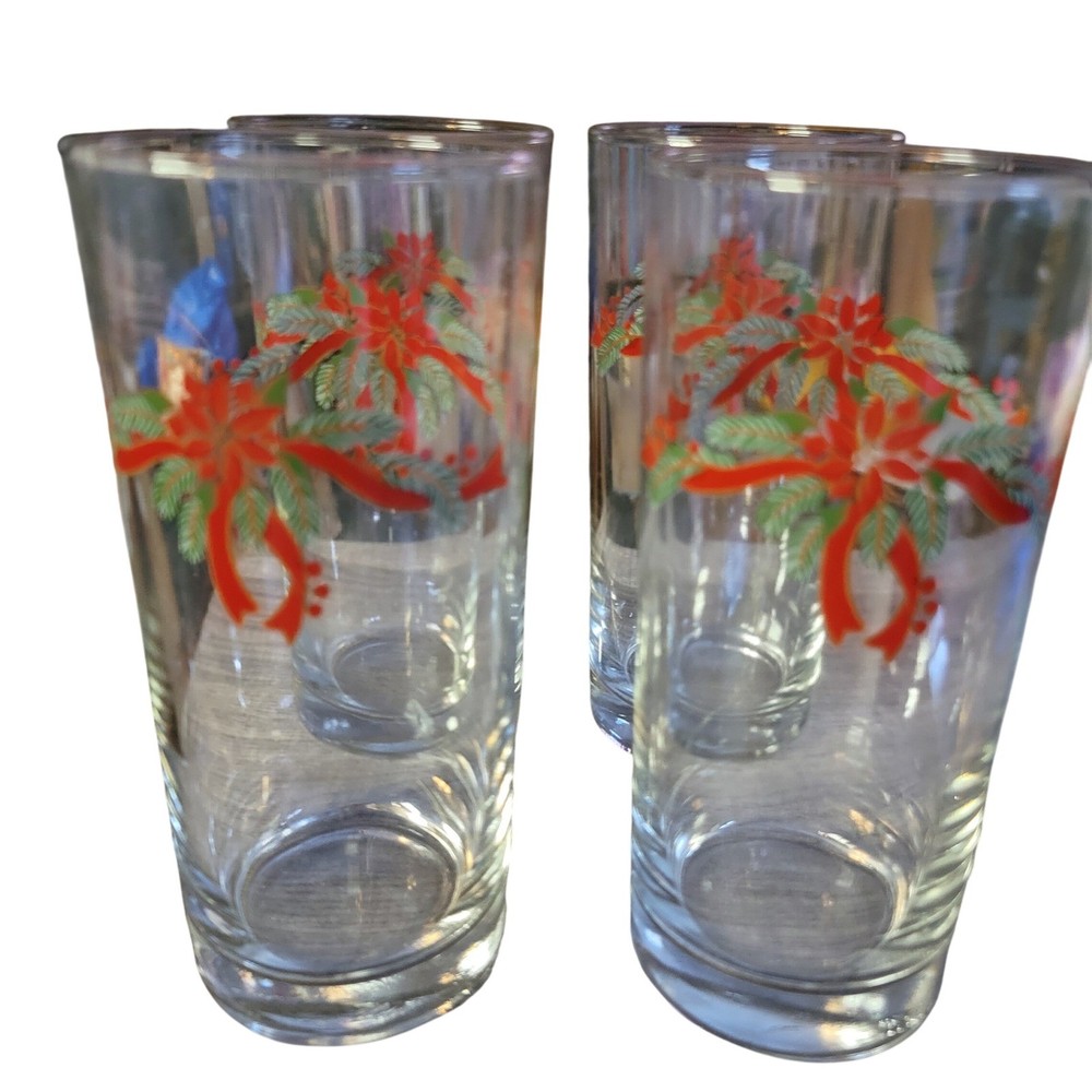 Vintage Anchor Hocking Christmas Poinsettia 16oz Glasses Set of 4 Holiday
