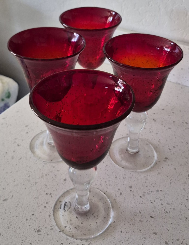 Artland Iris Ruby Red Hand Blown Bubble Glass Water Goblets Clear Stem Set of 4
