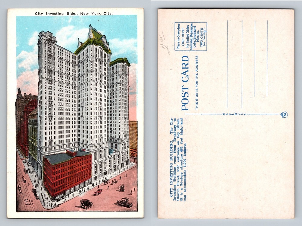 New York City NY, City Investing Building Lower Broadway, Vintage Postcard