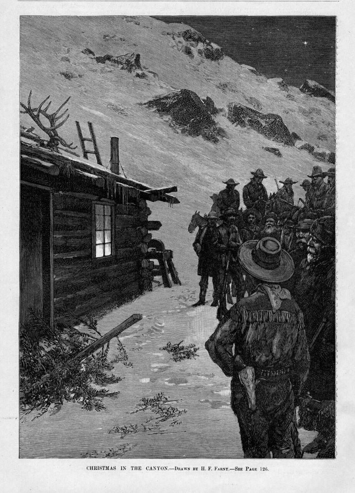 CHRISTMAS IN THE CANYON, MEN CHOPPED DOWN HEMLOCK CHRISTMAS TREE, HORSES, CABIN