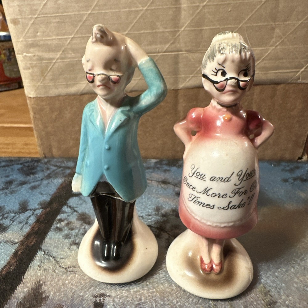 Vintage ONCE MORE FOR OLD TIMES SAKE man woman PREGNANT salt pepper ENESCO JAPAN