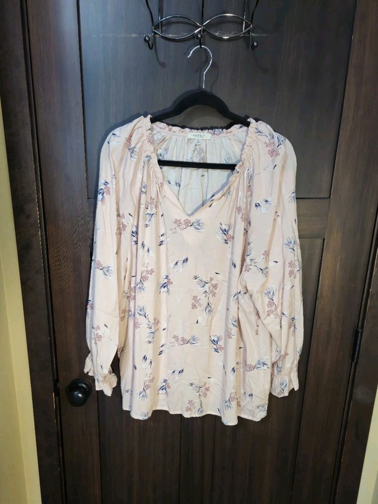 EUC Women's Plus Angels Pink Floral Top Blouse Long Sleeve Size 2X