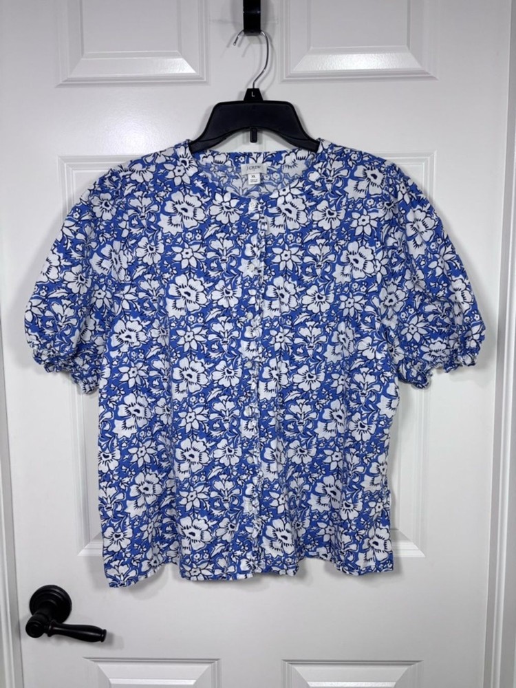 J. Crew Floral Button Front Puff Sleeve Linen Blend Shirt Women’s XL Blue White