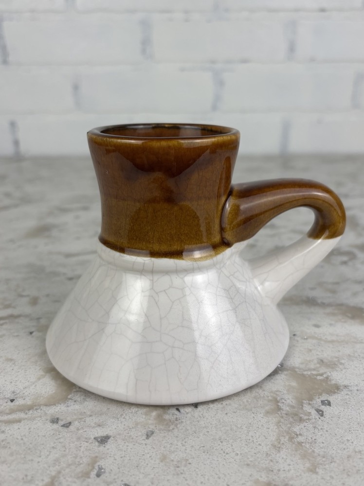 Vtg No Spill Travel Mug Pottery Stoneware Ceramic Brown/Cream Glaze Coffee Cup