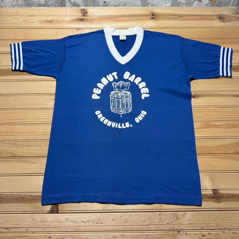 Vintage 80s Peanut Barrel Greenville Ohio Bar & Grill V-Neck Promo Shirt USA XL