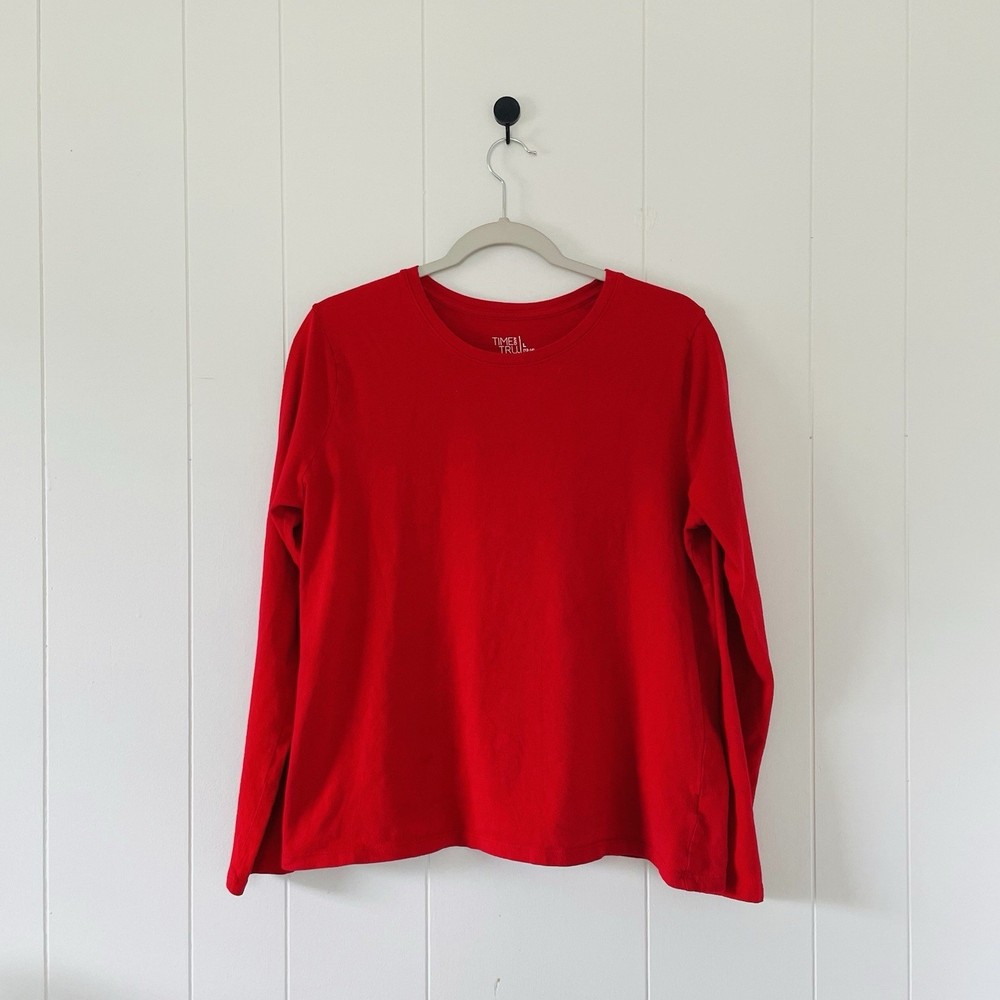Time and Tru Girls Red Solid T-Shirt Long Sleeve Crew Neck 100% Cotton L 12-14