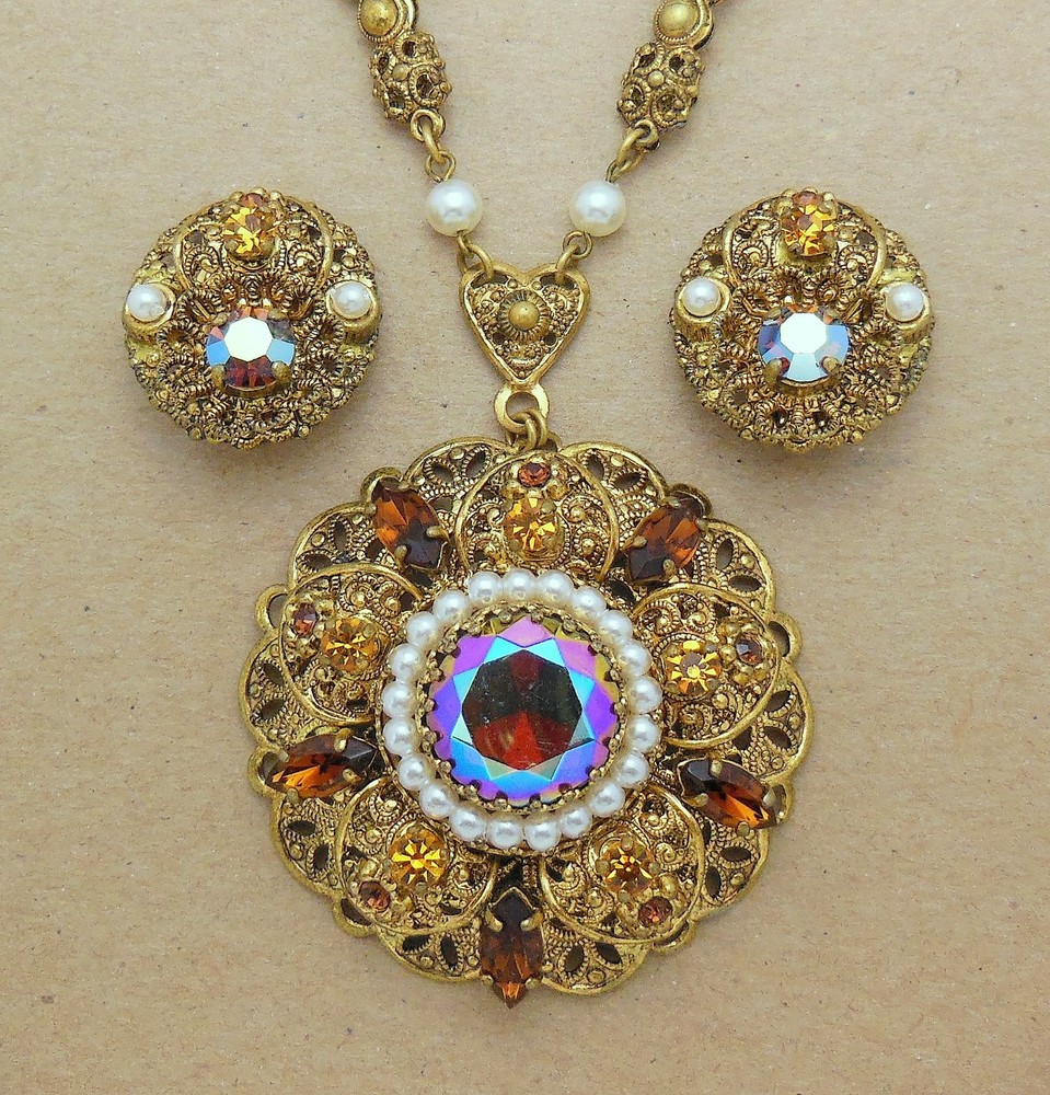 Vintage WESTERN GERMANY Red AB RS Faux Pearl Filigree Necklace & Earring SET
