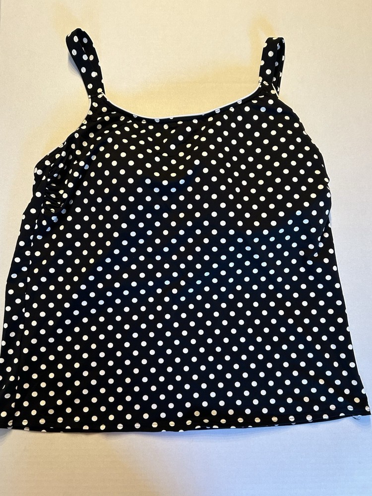 Land's End Tankini Swim Top Women’s Navy Blue White Polka Dot size 14