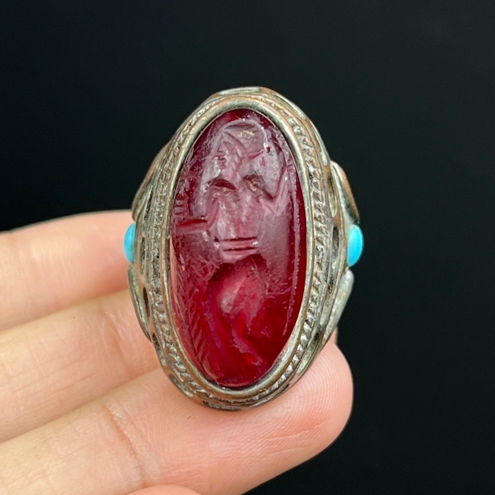 Ancient Roman Bronze Ring With Intaglio Stone Insert