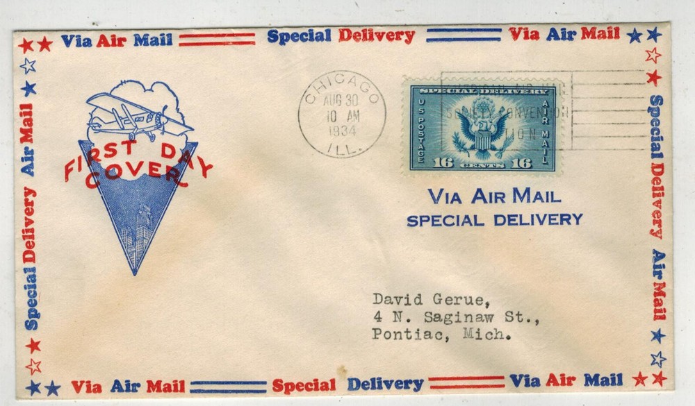 1934 FIRST DAY COVER CE1 1ST USA AIRMAIL SPECIAL DELIVERY EAGLE STAMP BY IOOR