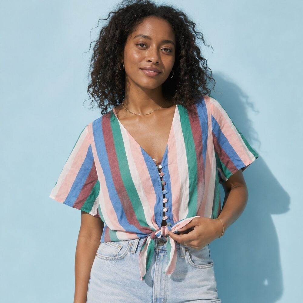 Madewell Striped Tie Front Blouse Large Multicolor Short Sleeve Button Top