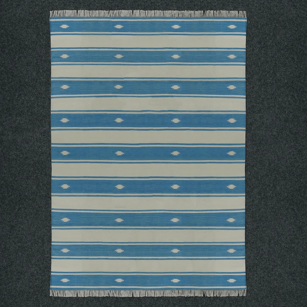 Handwoven Cotton Dhurrie Rug Color Sky Blue and White Handmade Design Carpet Rug