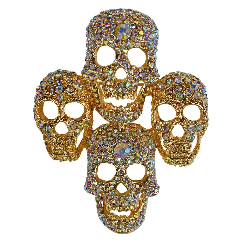 Kirks Folly Skull Pin Brooch Pendant gold tone Crystal 2 in Aurora Borealis