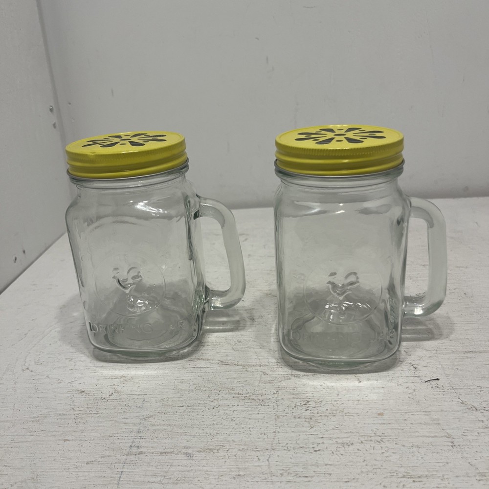 Lot of 2 County Fair ROOSTER Drinking Glass Jars with Handle  16oz  With Lid