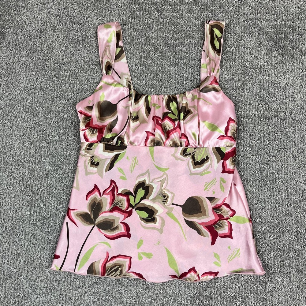 Vintage Self Esteem Top Medium Pink Floral Satin Babydoll Cami Y2K USA