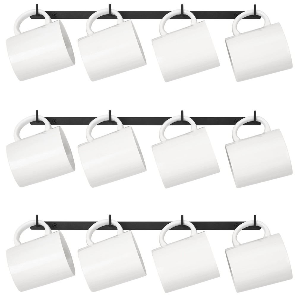 3 Pack Wall Mounted Metal Coffee Mug Holder Rack w/ 12 Hooks for Kitchen Dining
