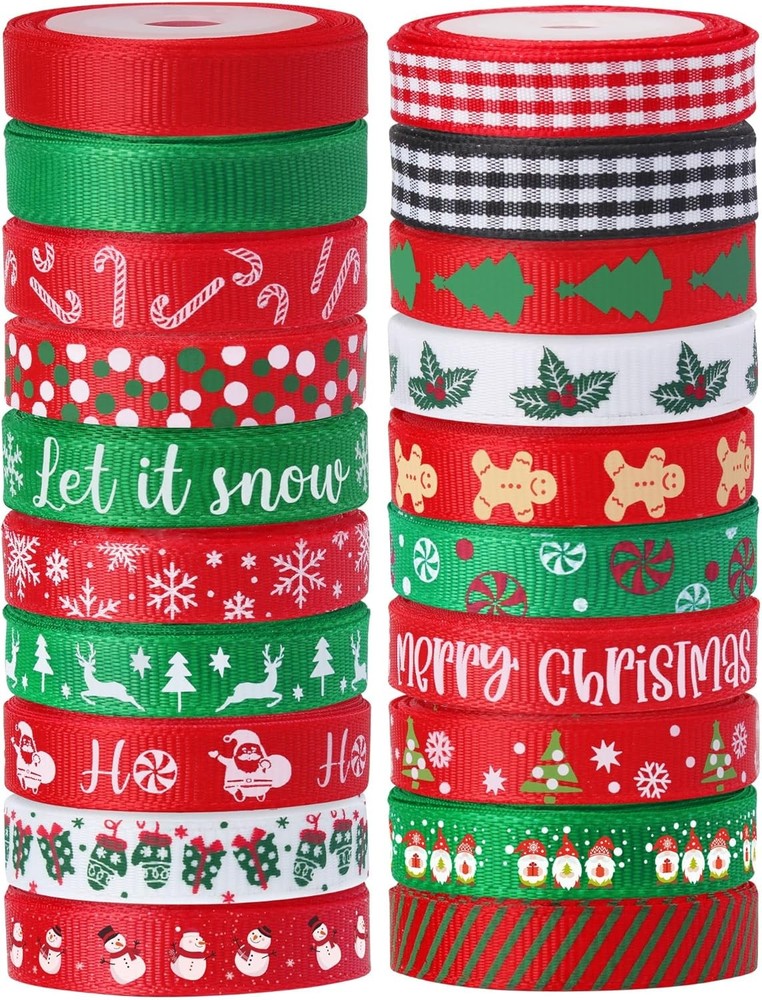 20 Rolls 100 Yards Christmas Ribbon Gift Wrapping,3/8 Inch Christmas Grosgrain