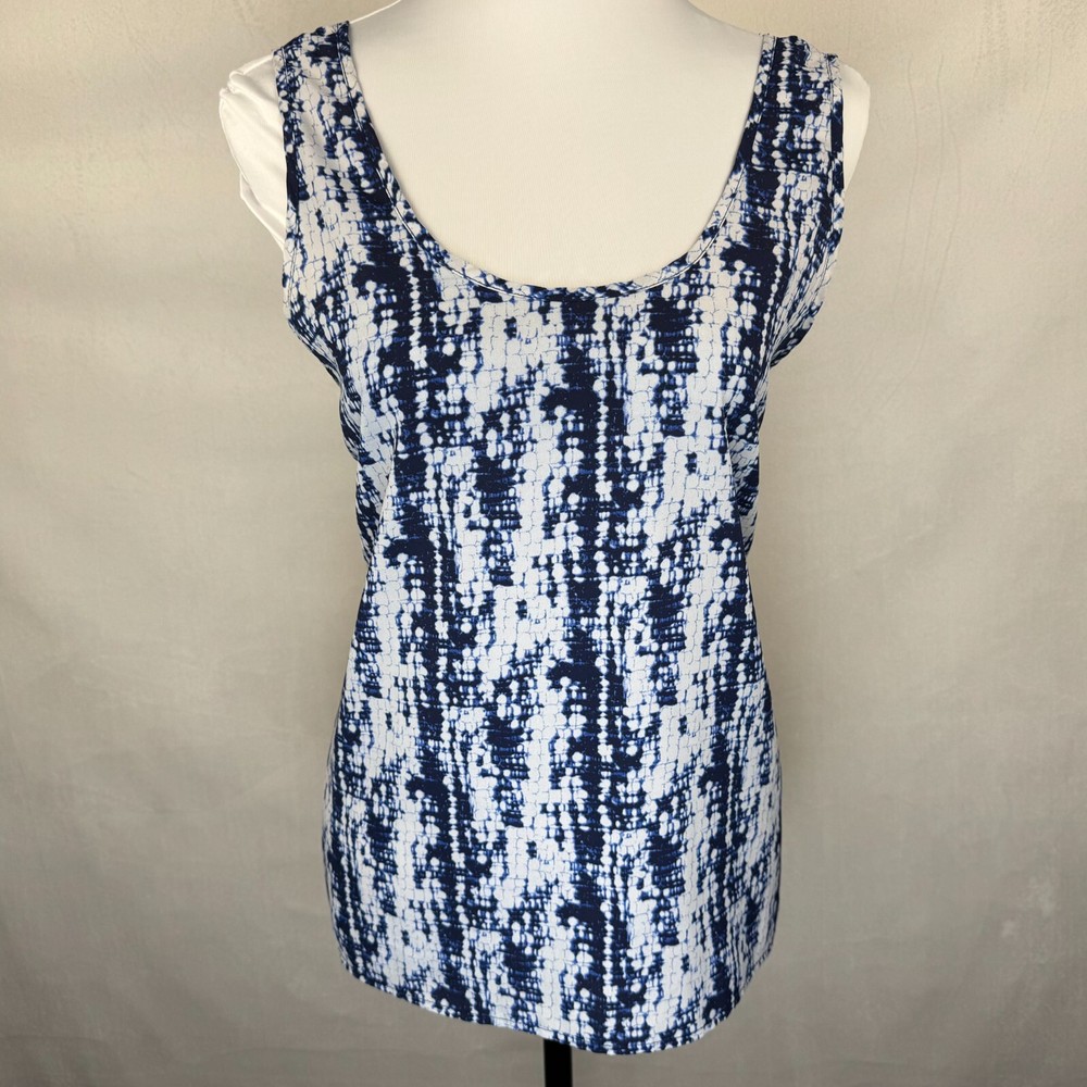 Lush Women Sz M Blue Geometrical Scoop Neck Semi-Sheer Loose Back center Slit