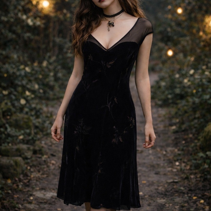 VTG Silk Whimsigoth Blk Velvet Floral Asymmetric Mesh Midi Dress 16 Fairy Grunge