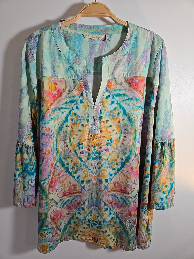 Soft Surroundings Boho Tie Dye Soft Tunic Top Blouse Bell Sleeves Size XL