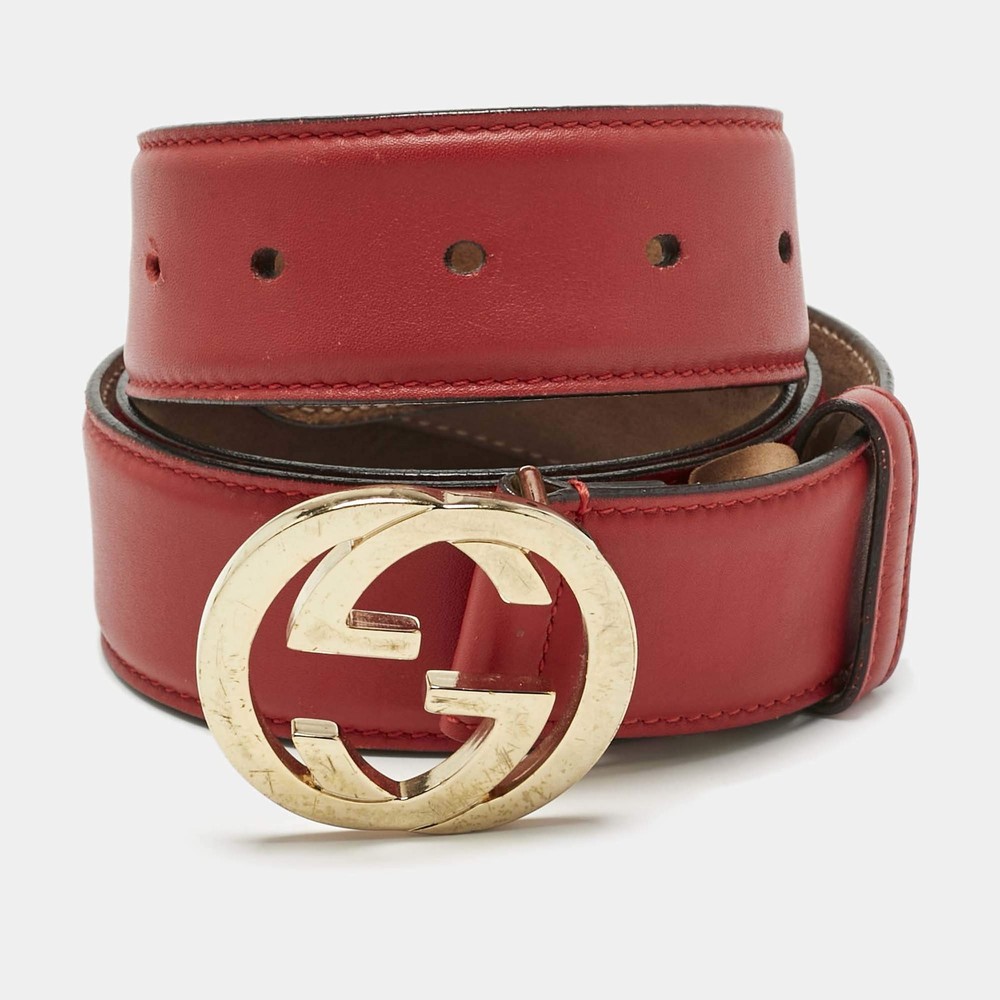 Gucci Red Leather Interlocking G Buckle Belt 95 CM