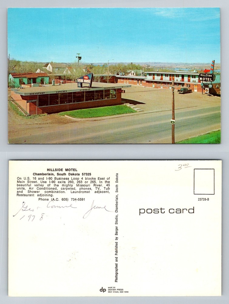 Chamberlain, SD-South Dakota, Hillside Motel Steak House Cafe Vintage Postcard