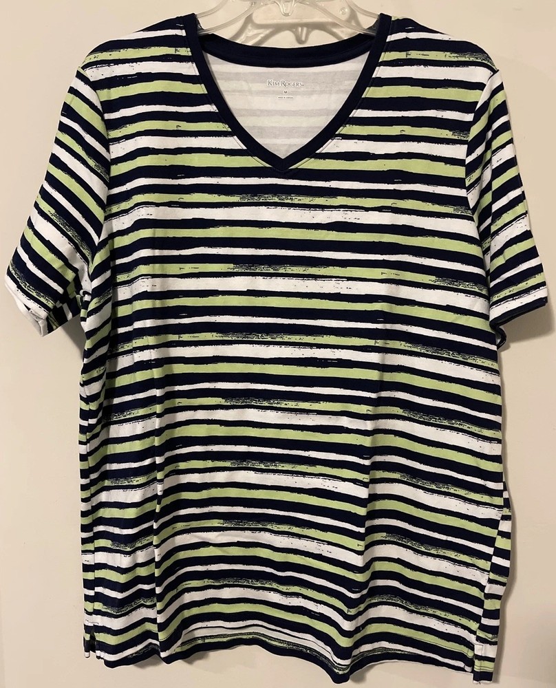 Kim Rogers Women’s Medium Striped Short Sleeved V-neck Cotton Shirt! M1094