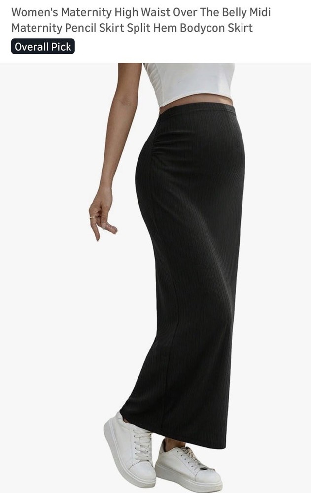 Maternity Pencil Skirt High Waist Split Hem Midi Black L