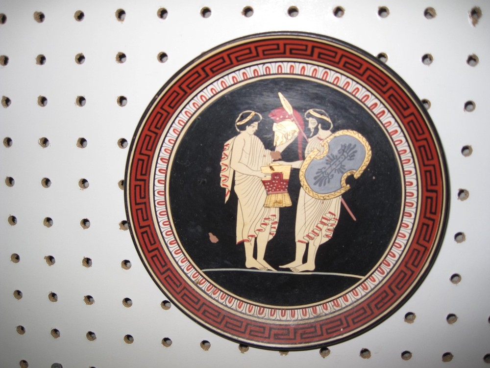Ulysses gives to Neoptolemus Achilles' arms vintaged hand painted greek plate-image