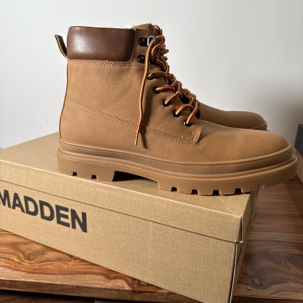MADDEN Pull-Tab Glixxo Round Toe Block Heel Combat Boots 11 M Camel Brown
