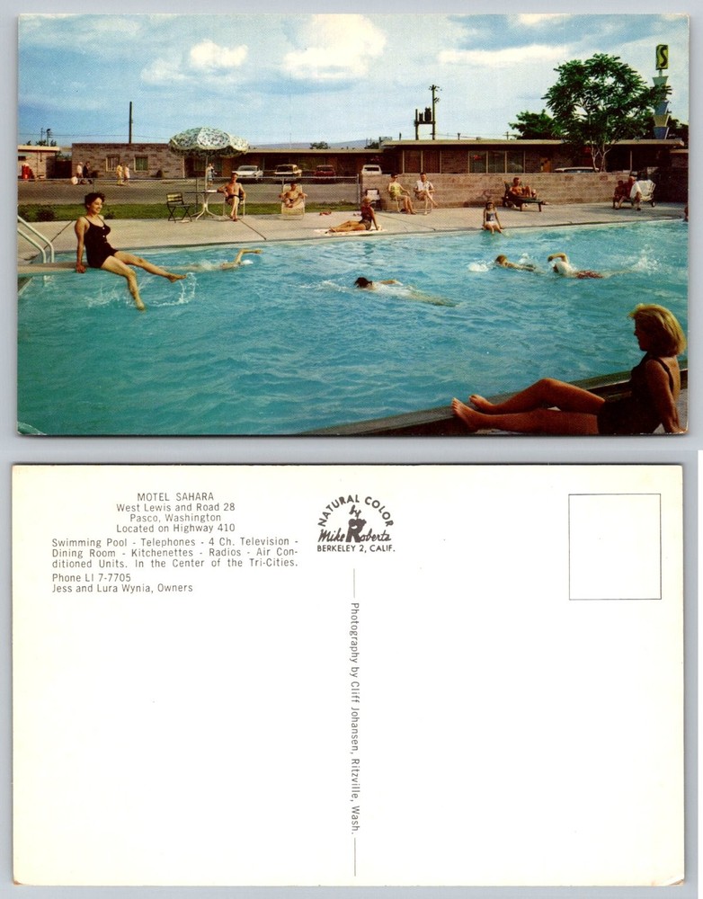 Vintage Motel Sahara Pasco Washington Swimming Pool Postcard 1950s Natural Color