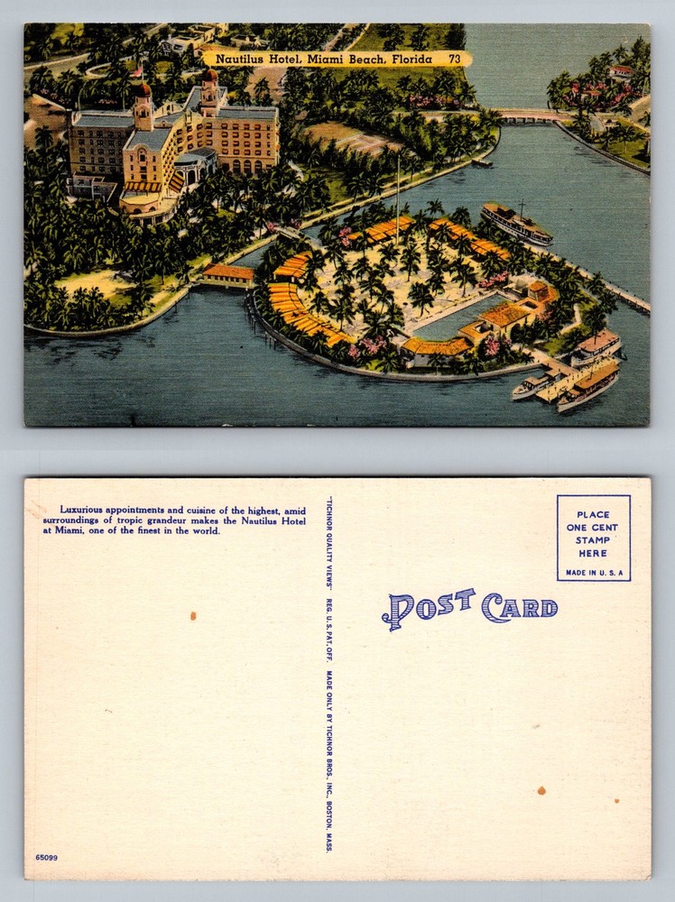 Miami Beach, FL-Florida, Aerial View Nautilus Hotel Waterfront Vintage Postcard