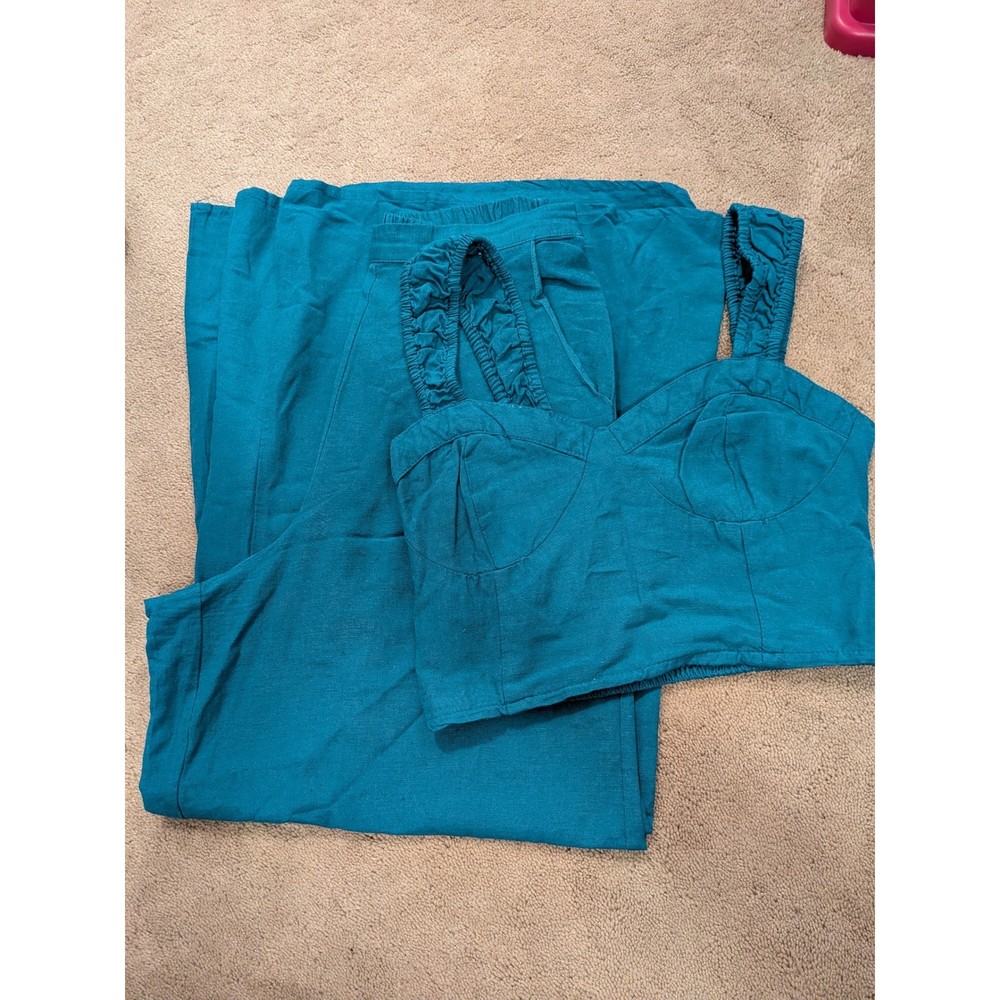 Midnight Sky Teal Blue Linen Blend 2 Piece Set Crop Top Wide Leg Pants Small