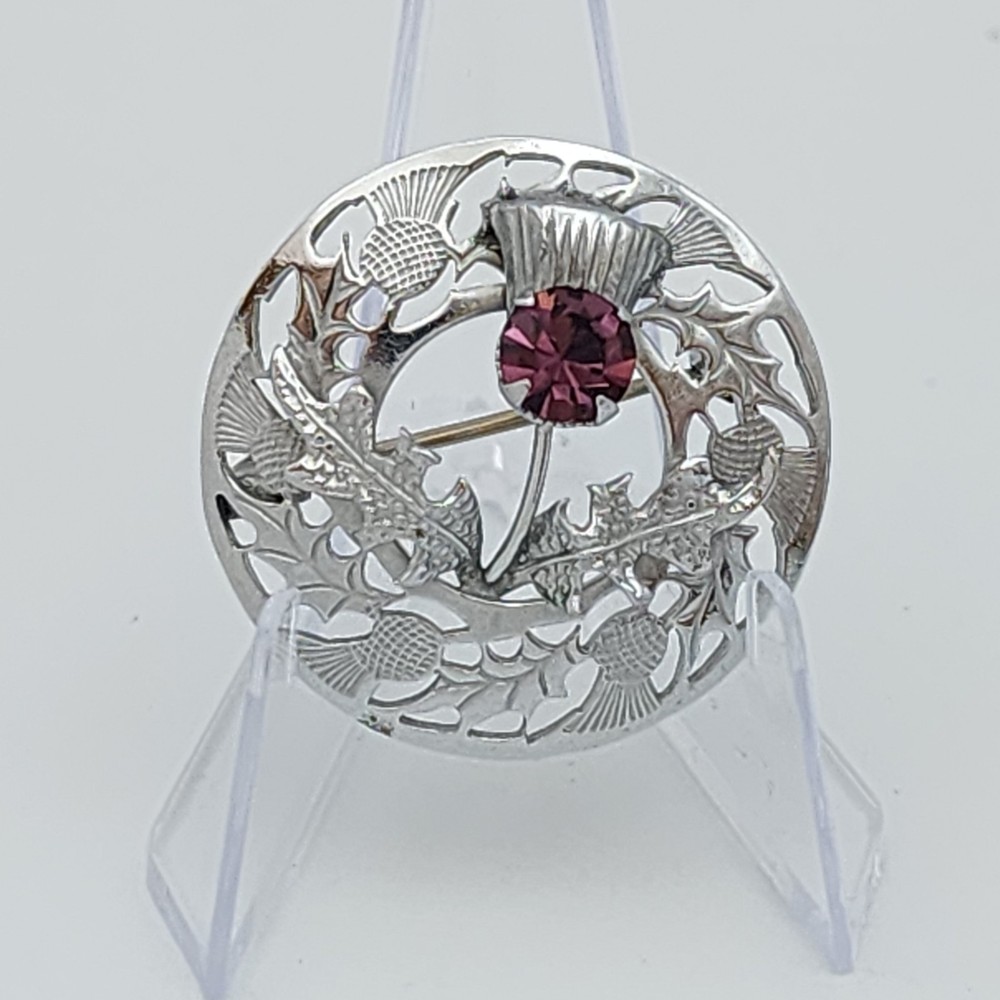 Vtg Scottish Thistle Purple Rhinestone Mizpah Eternity Silver Tone Brooch 1.25