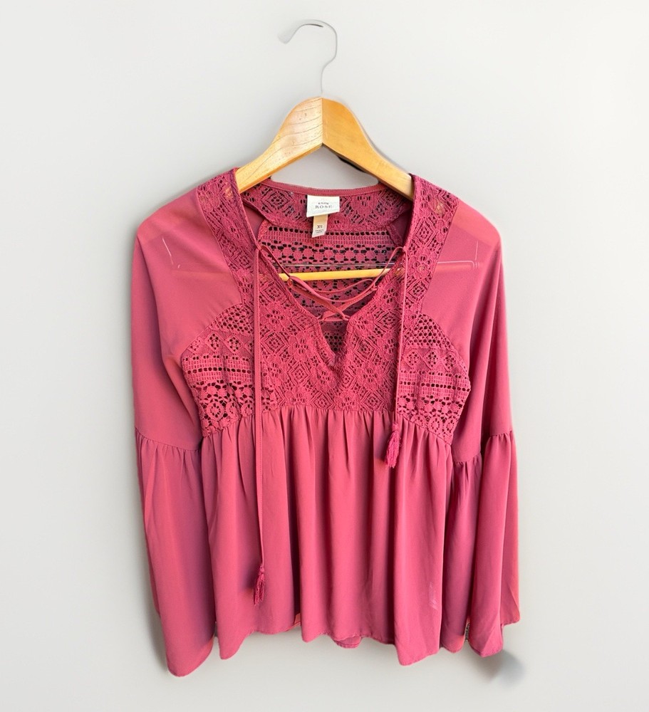 Knox Rose Women's XS Pink Lace V-Neck Tie Tassel Crochet Long Sleeve Blouse