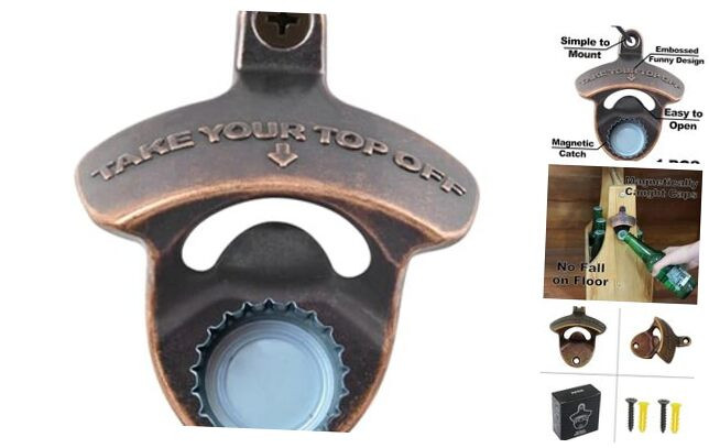 Antique Copper Wall-Mounted Magnetic Bottle Opener with Built-in Magnets