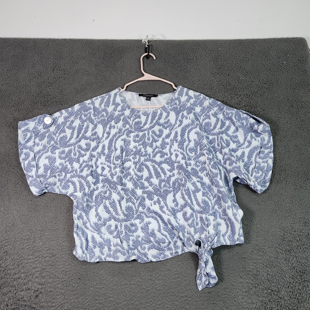 Marc New York Blouse Womens Medium Blue Geo Tencel Dolman Tie Front Top