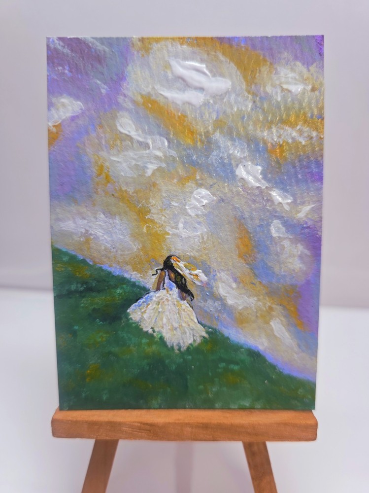 Original ACEO Runaway Bride OOAK Cloud Landscape Painting Woman in Dress Art