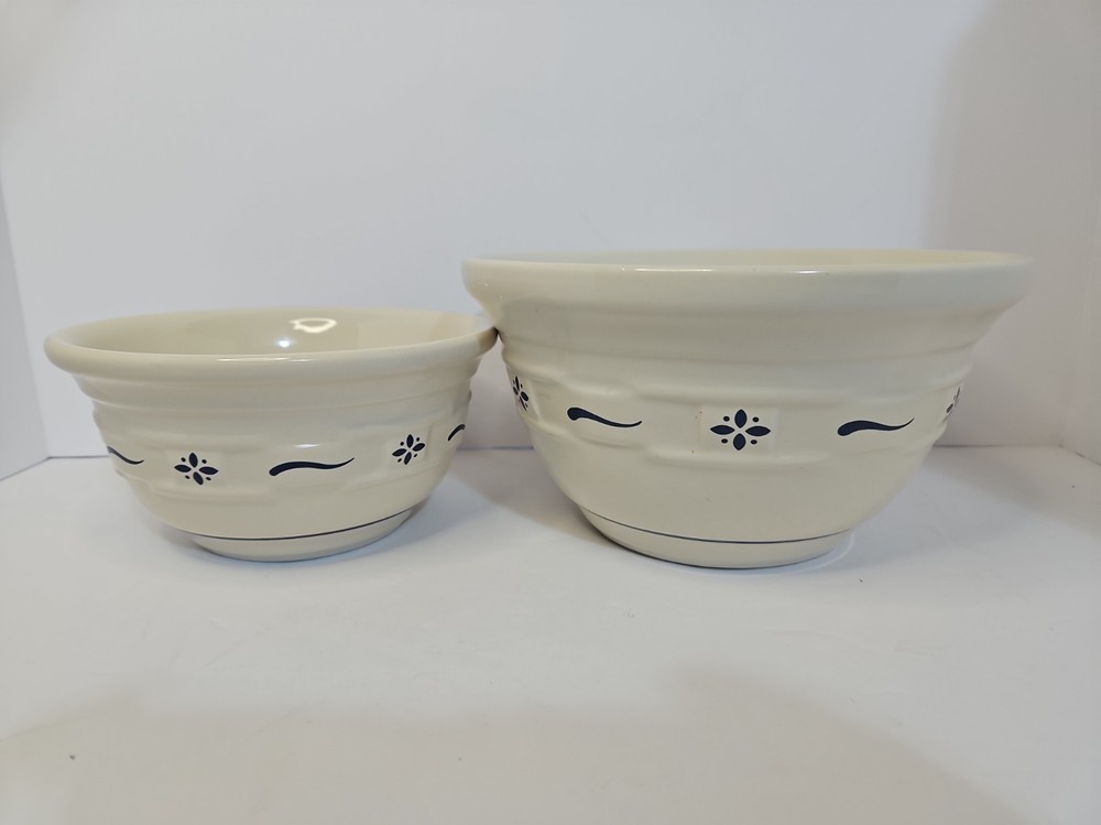Longaberger Pottery Woven Traditions Blue Nesting Mixing Bowls Set Of 2