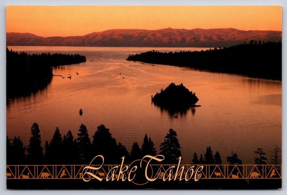 Lake Tahoe California Postcard Emerald Bay Sunrise Orange Color USA Unposted