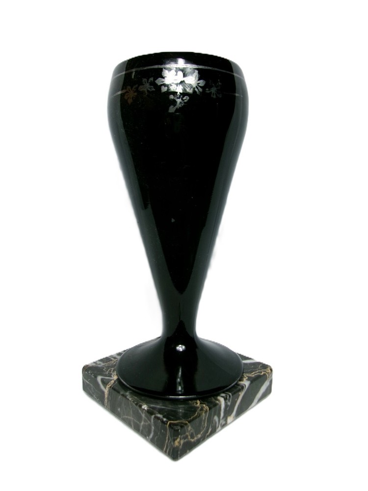 Art Deco Black Glass Vase with Silver Accents on Marble Base