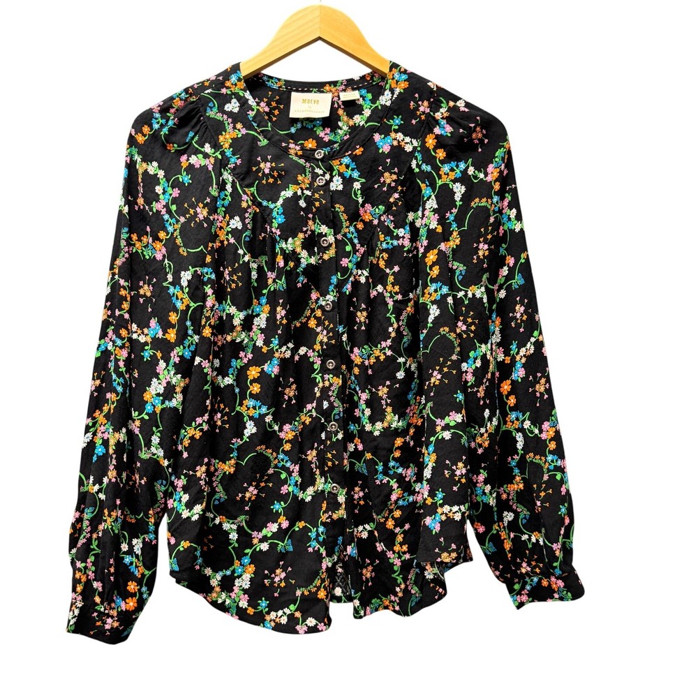 Maeve Anthropologie Blouse Womens Medium Black Avignon Floral Button Up Boho