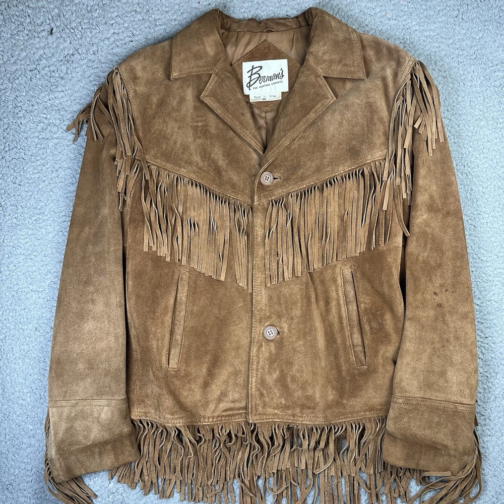 VTG Berman’s Buckskin Suede Leather Fringe Jacket Western Boho Cowboy Mens 38