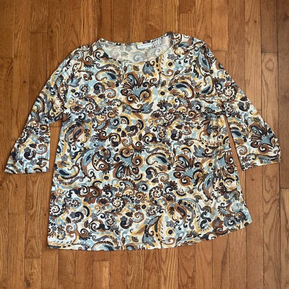 Susan Graver Paisley Liquid Knit Tunic Top 3/4 Sleeve Size 2X