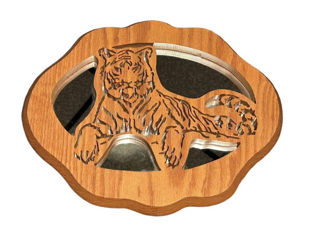 Hand Carved Wood Mirror Tiger Cutout Oak VTG Wall Art Accent One Of A Kind 15”