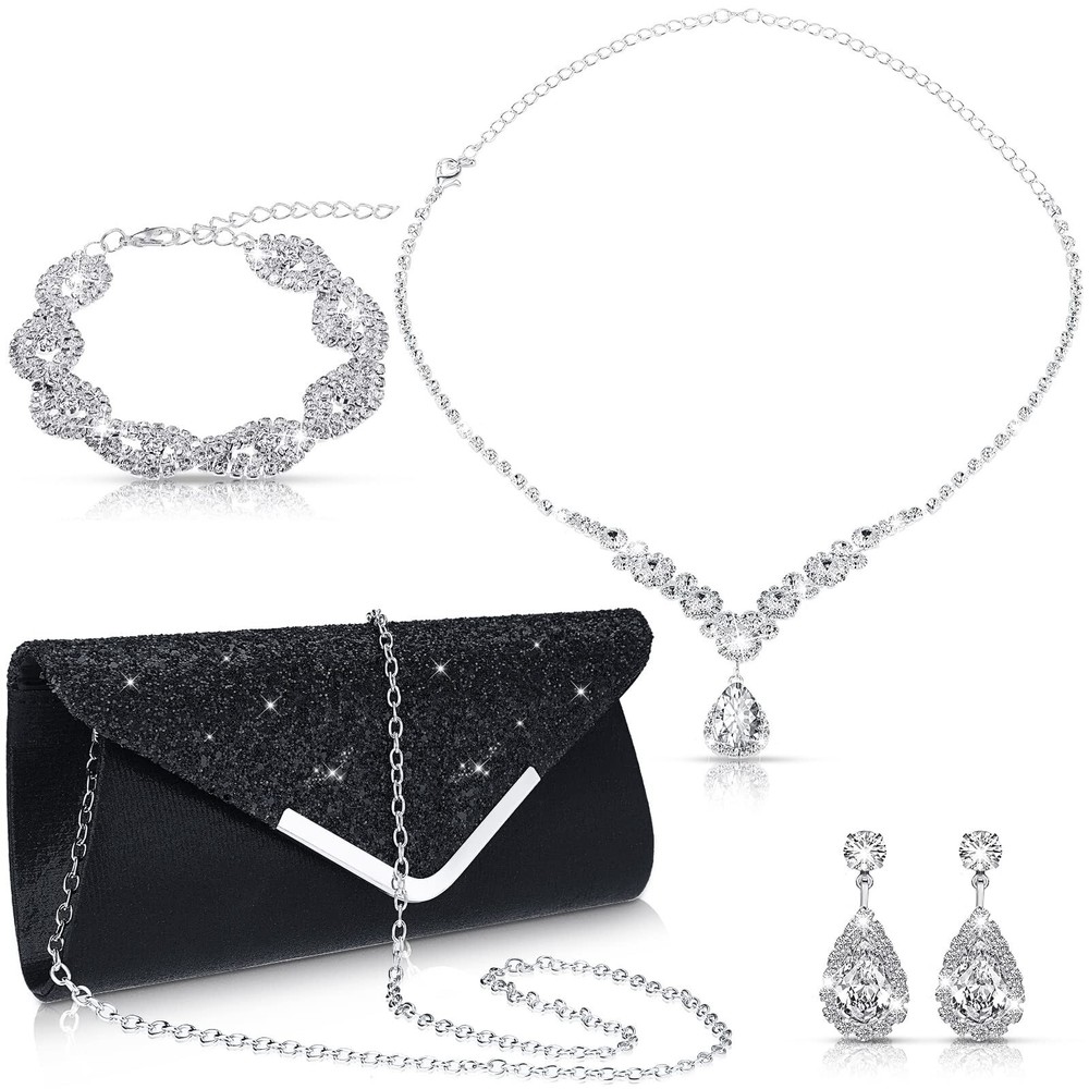 4 Pcs Women Rhinestone Jewelry Set Floral Wave Teardrop Crystal Wedding Neckl...
